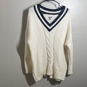 Aerie Cream and Navy V-Neck Sweater